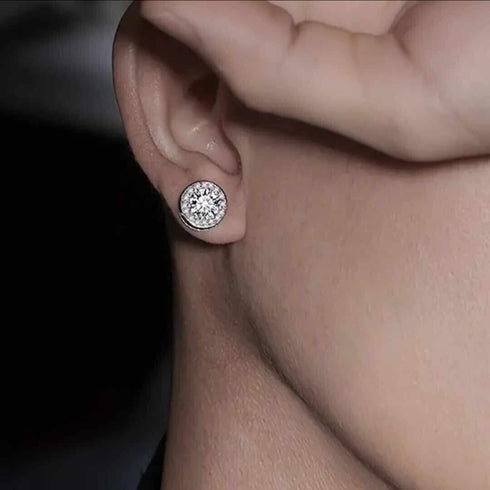 18k White Gold Plated Large CZ Center Stone Brilliant Cut Halo Stud Earrings